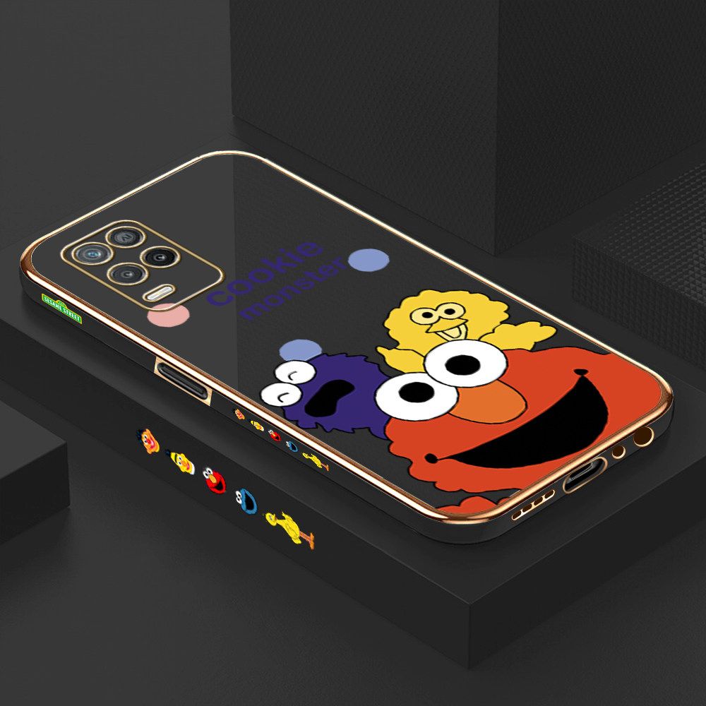 Luxury 6D Plating Case for Realme 8 5G Color Cute Cartoon Sesame Monsters Side Pattern Back Cover Soft Silicone Square Frame Shiny Bling Phone Cases + Free Lanyard