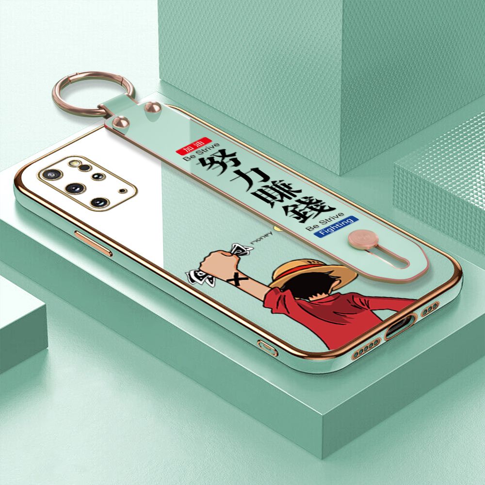 TA for Samsung S20 Plus Wrist Strap Back Cover Struggle Luffy Fashion Luxury 6D Plating Soft Casing Silicone Square Frame Phone Case