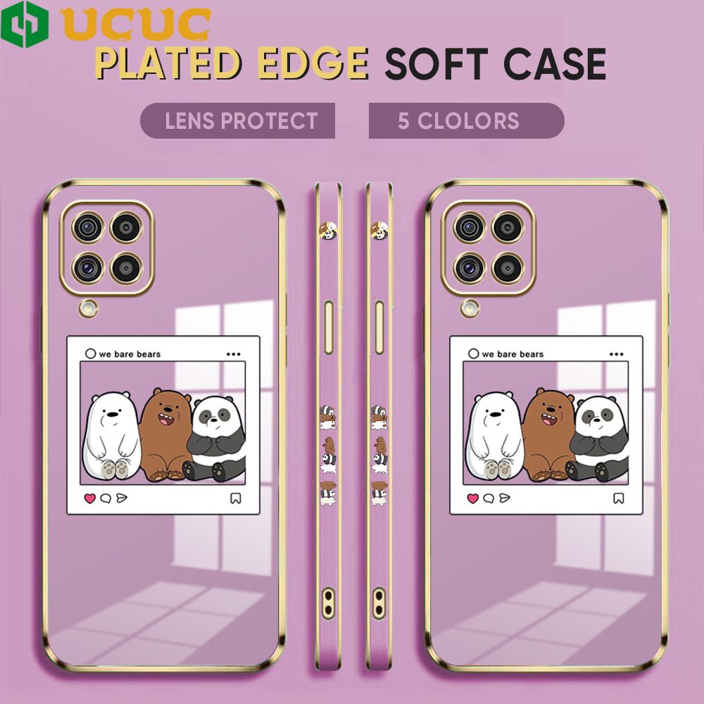 UCUC for Samsung Galaxy F62 Cover Bears Photo Luxury 6D Plating Soft Casing Silicone Square Frame Phone Case Shiny Bling Back Cover + Free Lanyard