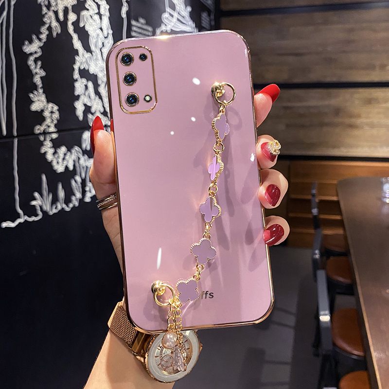 For OPPO A52 Back Cover with Lucky Clover Wristband Chain Fashion Bracelet Shiny Plating Square Edge Bumper Phone Case Soft Silicone Bumper Protective Cover