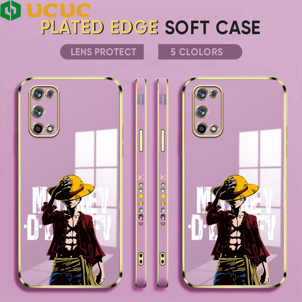 UCUC for Realme X7 Pro Cover Holding Cap Luffy Luxury 6D Plating Soft Casing Silicone Square Frame Phone Case Shiny Bling Back Cover + Free Lanyard