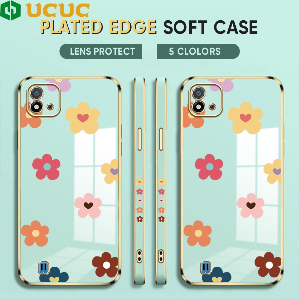 UCUC for Realme C20A / Realme C20 / Realme C11 2021 Back Cover + Free Lanyard INS Style Flower Luxury 6D Plating Case Side Pattern Soft Silicone Square Phone Cases