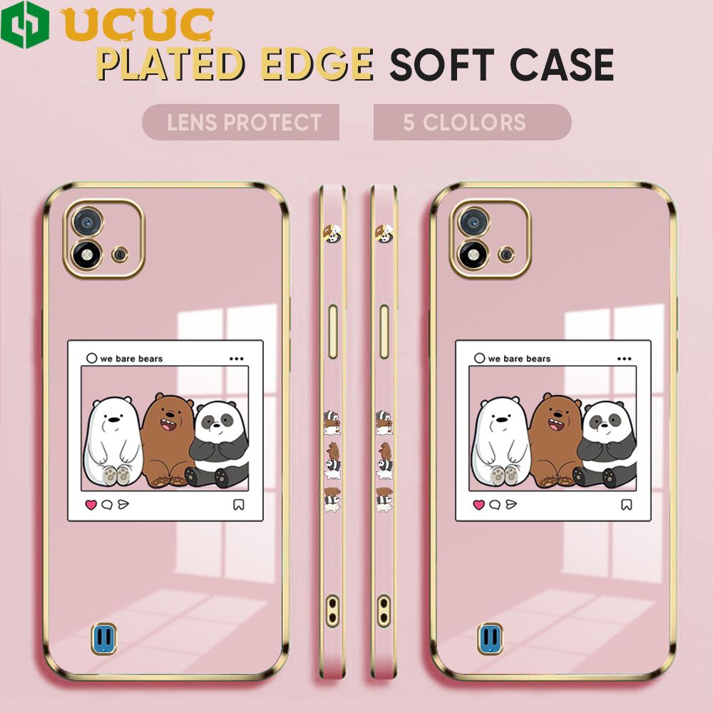UCUC for Realme C20A Cover Bears Photo Luxury 6D Plating Soft Casing Silicone Square Frame Phone Case Shiny Bling Back Cover + Free Lanyard