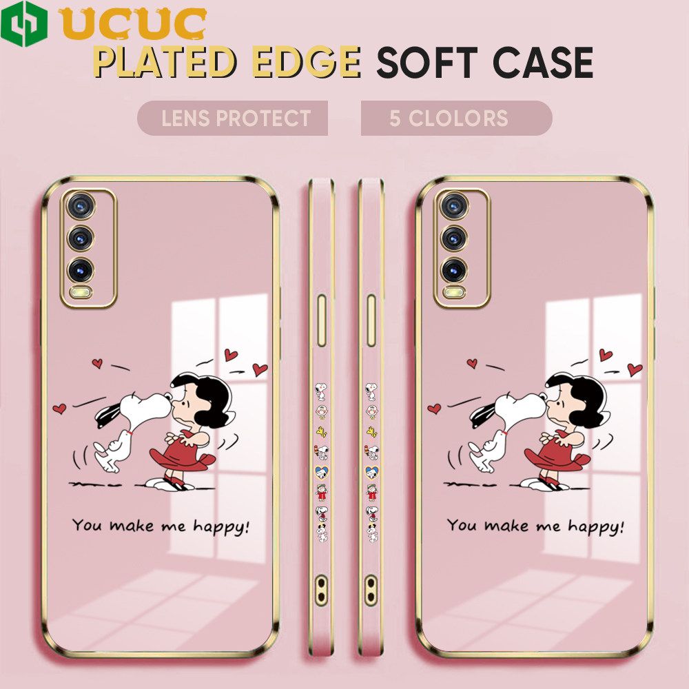 UCUC for Vivo Y20 2021 / Y20i / Y20 / Y20S / Y12S / Y12A / Y20S G Back Cover + Free Lanyard Happy Puppy Luxury 6D Plating Case Side Pattern Soft Silicone Square Phone Cases