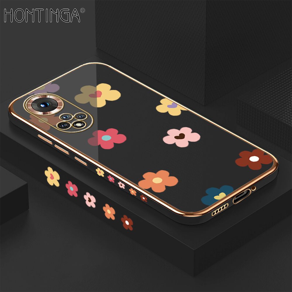 Hontinga for Huawei Nova 9 Back Cover Luxury 6D Plating Cartoon Falling Flowers Side Pattern Case Soft Silicone Square Phone Cases