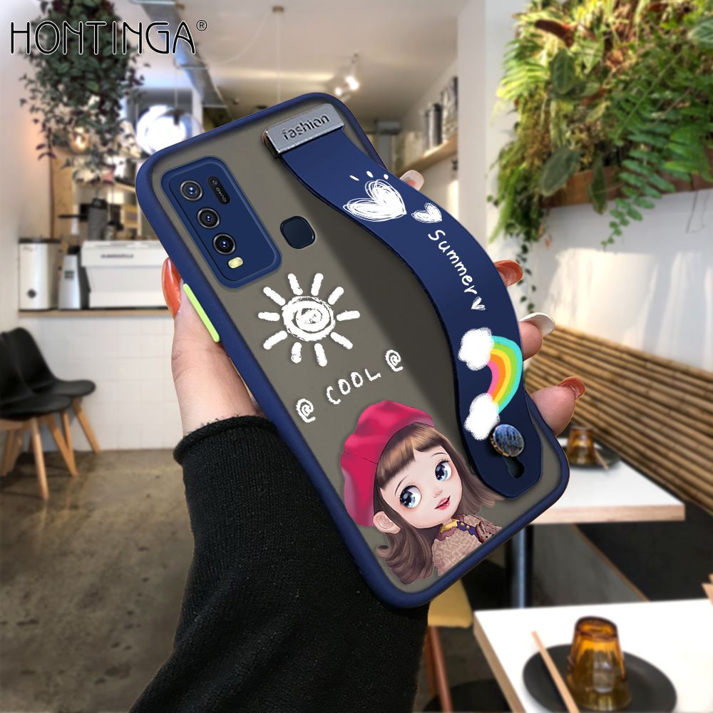 Hontinga for Vivo Y50 Y30 Y30i Back Cover With Wristband Cute Red Hood Girl Phone Casee Full Lens Protection Thin Frosted Cases