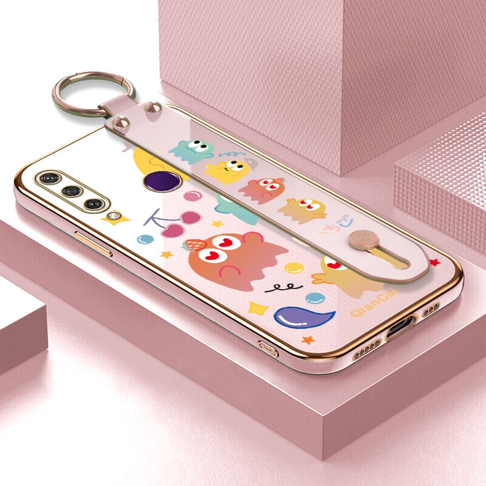Jizetin for Huawei Y6P Back Cover Bean Monster Luxury 6D Plating Wrist Strap Phone Cases Soft Silicone Square Mobile Phone Case