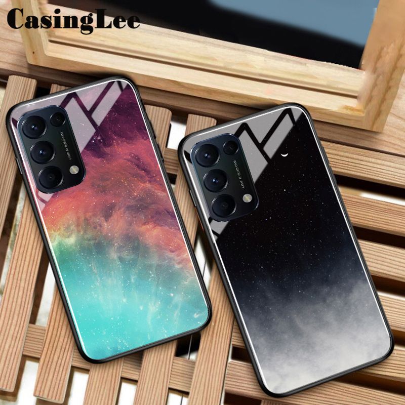 Casinglee For OPPO Reno 5 case Tempered Glass Protector Phone case Starry Sky Design Couple Phone cover for OPPO Reno5 Mirror Glass