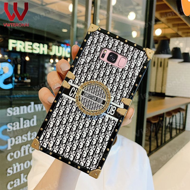 For Samsung Galaxy S8 S8 Plus S9 Plus S10 Plus S20 S20 Plus S20 Ultra Fashion Square Smooth Surface Leopard Print Phone Case with Diamond Ring Bracket Stand Holder Soft Silicone Back Cover