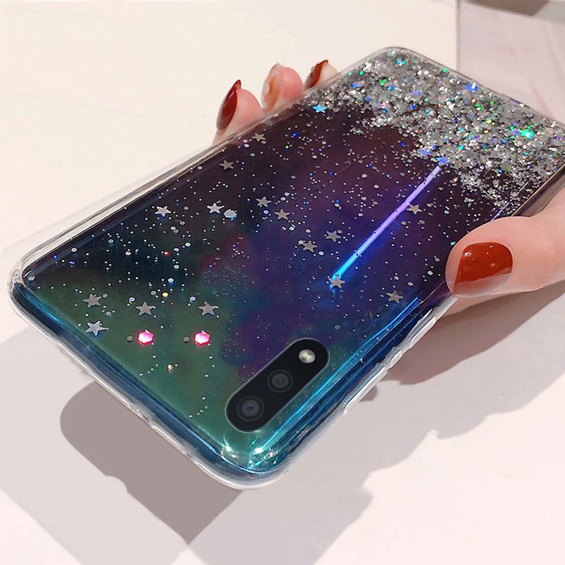 Back Cover For Samsung Galaxy A02 Phone Case Glitter Silicone Soft Full Starry Sky String Glitter Transparent Space Stars Moon Samsung A02 Case