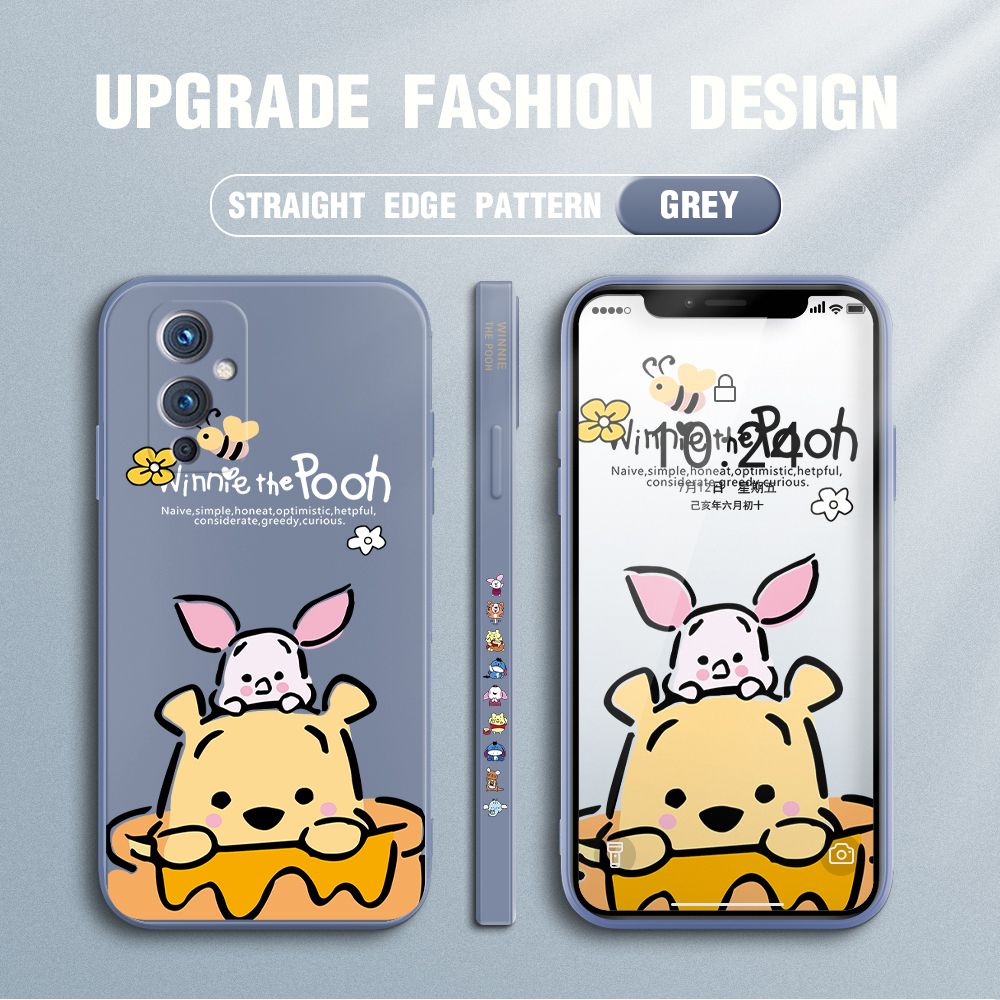 Jizetin for OnePlus 9 Case Side Design Phone Cover Lovely Cartoon Pooh Bear Cover Square Edge Pattern Liquid Silicone Trend Case