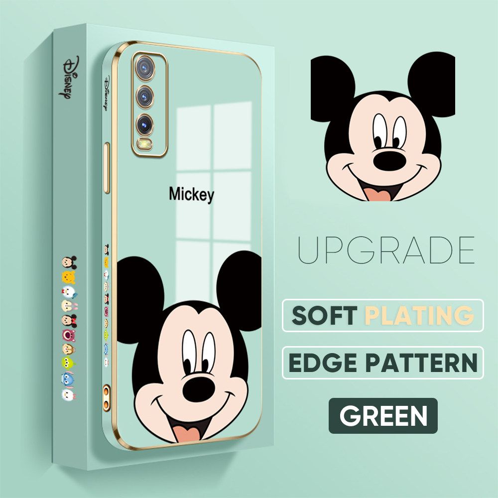 Jizetin (Free Lanyard) Vivo Y20 / Y12A / Y12S / Y20i / Y20SG Case Luxury 6D Plating Soft Casing Silicone Square Frame Phone Case Shiny Bling Back Cover Cartoon Big Head Mouse New design Side Drawing Case