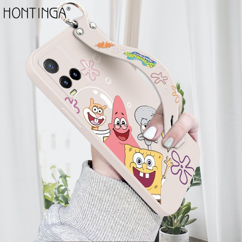 Hontinga for Vivo Y21S Wrist Strap Case Cute Funny Cartoon Sponge for Square Pants Cover Trend Square Printed Pattern Liquid Silicone Phone Case