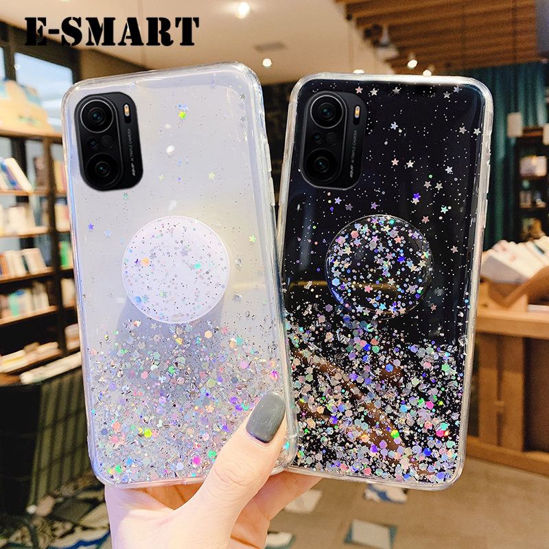 For Xiaomi 11X Case Shiny Ring Glitter Soft Transparent Holder Stand Back cover with String Glitter Space Stars Moon Xiaomi 11X Back Cover