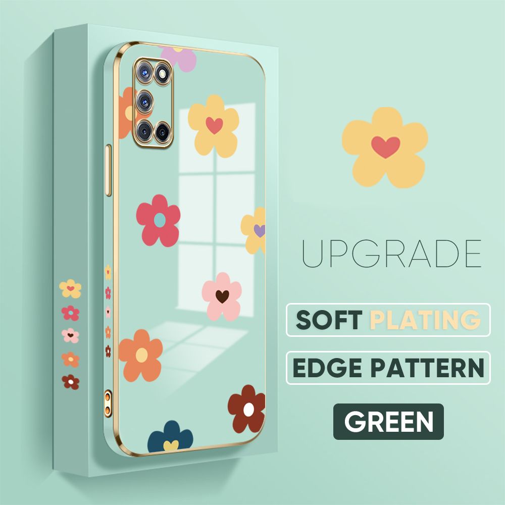 Jizetin (Free Lanyard) OPPO A92 / A52 Cover Falling Flowers Luxury 6D Plating Soft Casing Silicone Square Frame Phone Case Shiny Bling Back Cover