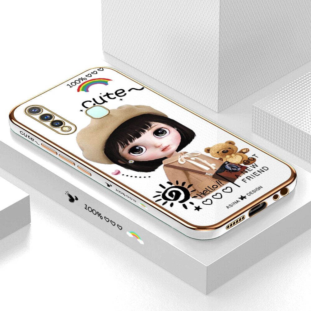 Luxury 6D Plating Soft Casing Silicone Square Frame Phone Case For Vivo Y19 Case Shiny Bling Back Cover Cute Girl With Shoulder Bag Square Edge Pattern Design Soft Case + Free Lanyard