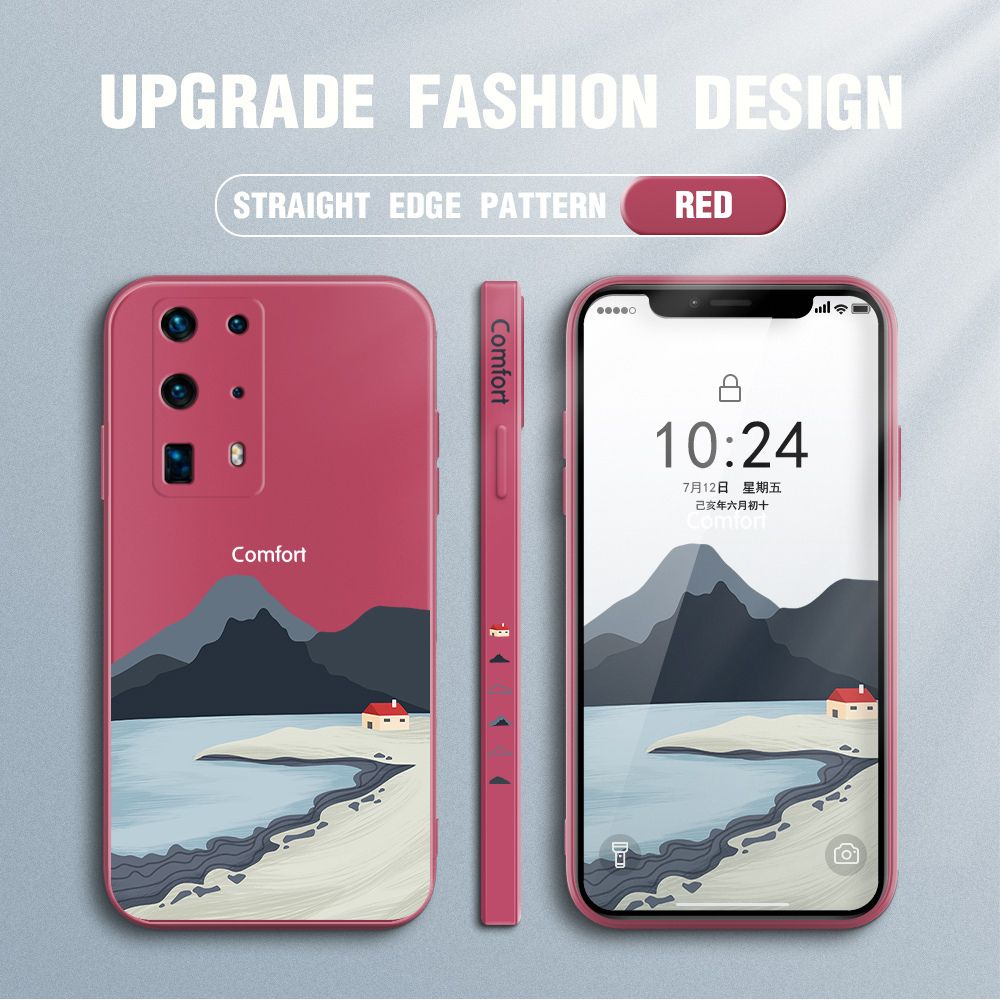 Jizetin for Huawei P40 Pro Plus Case Mount Fuji Design Side Design Phone Case Square Edge Pattern Liquid Silicone Cases Full Cover Camera Shockproof Protective Case