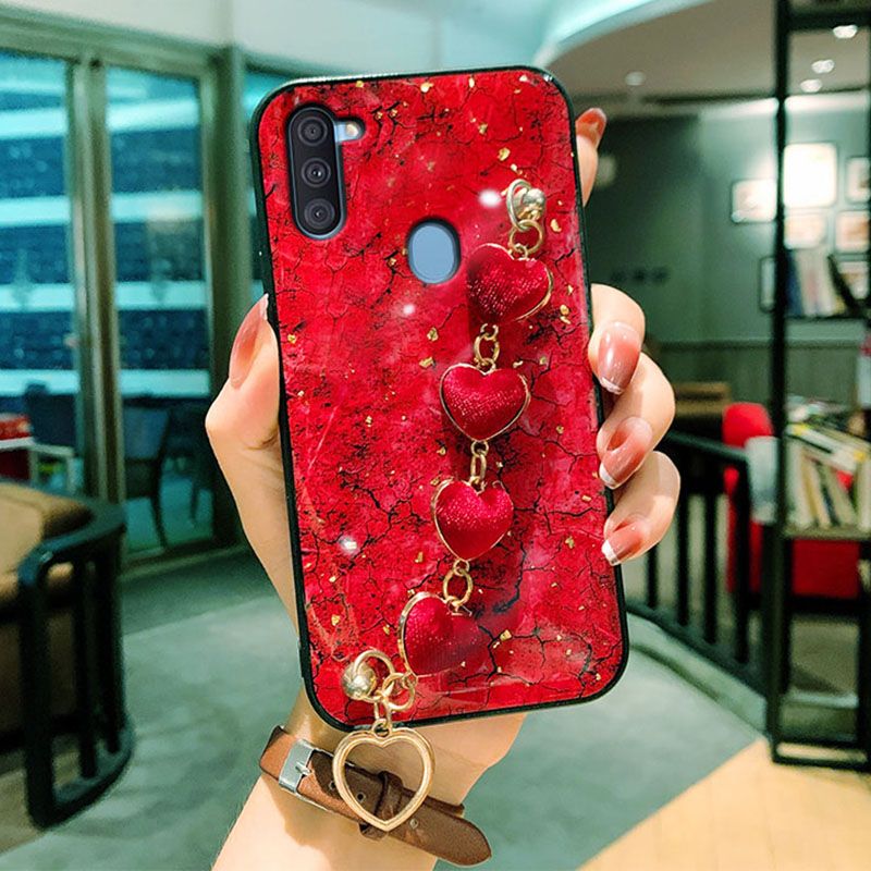 For Samsung Galaxy M11 Back Cover with Love Heart Wristband Chain Fashion Bracelet Marble Glitter Case Soft Silicone Bumper Protective Mobile Phone Cases