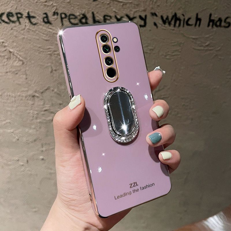 For Xiaomi POCO M2 Back Cover + Rhinestone Ring Holder Stand Shiny Plating Square Bumper Girls Phone Case Soft TPU Silicone Shockproof Protective Cover