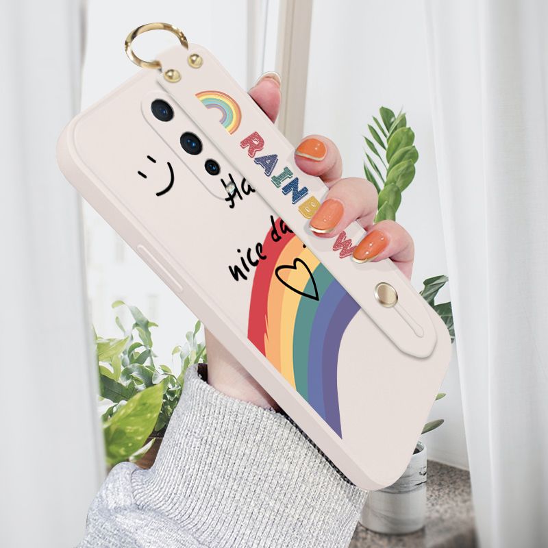 Jizetin for OPPO R17 Pro Wrist Strap Case INS Style Smile Rainbow Cover Ultra Thin Anti Fall Liquid Silicone Phone Case