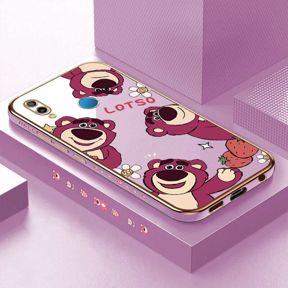 ZeroQiQi for Huawei P20 Lite Nova 3E Back Cover Cute Bear Luxury 6D Plating Case Side Pattern Soft Silicone Square Phone Cases + Free Lanyard