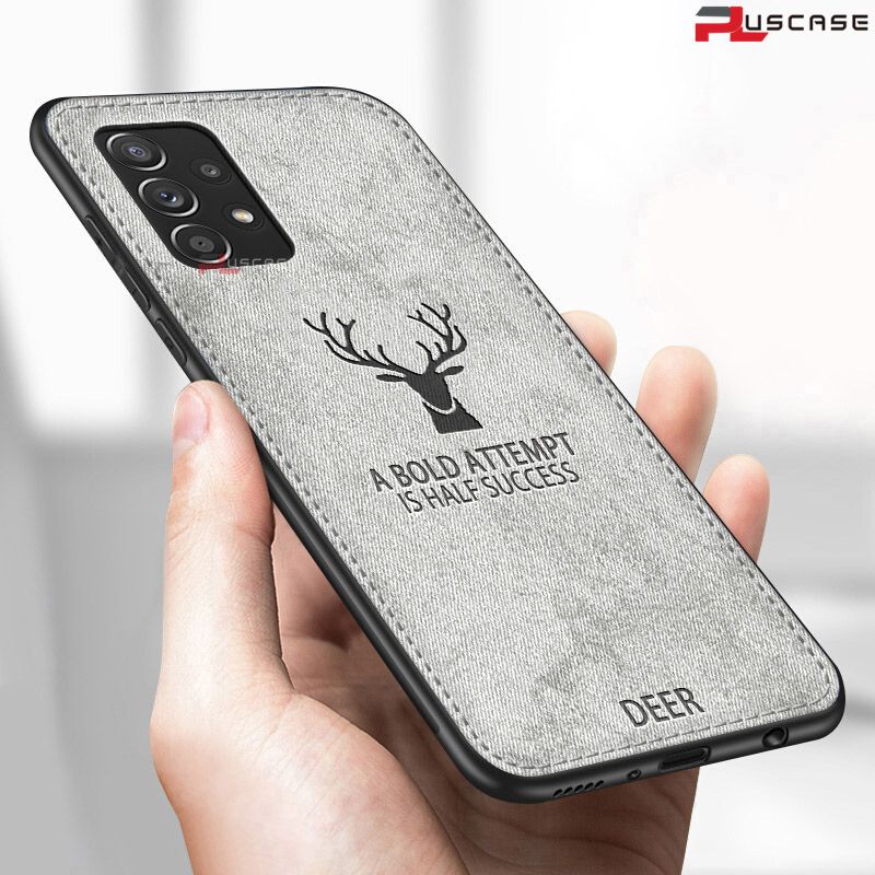 PlusCase for Samsung Galaxy A32 5G Hybrid Fabric Texture Deer Pattern Case Shockproof Soft Bumper Matte Back Cover