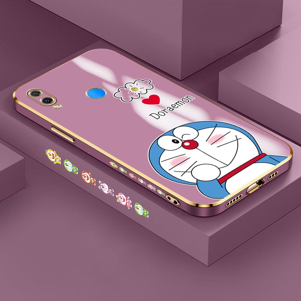 Hontinga for Huawei P Smart Plus Back Cover + Free Lanyard Luxury 6D Plating Grinning Cartoon Cat Side Pattern Case Soft Silicone Square Mobile Cover