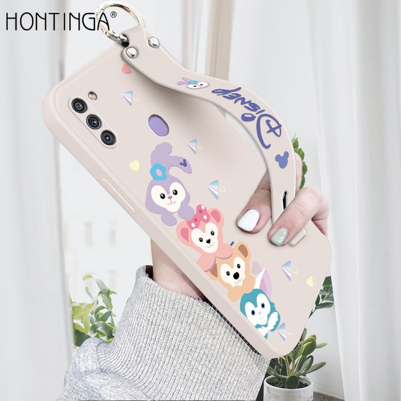 Hontinga for Samsung Galaxy M11 Wrist Strap Case INS Cute Style Creative Cartoon Rabbit and Fox Cover Thin Square Edge Liquid Silicone Phone Case