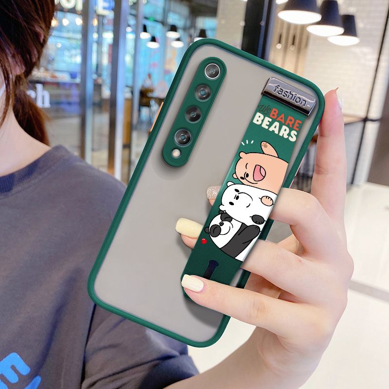 UCUC for Xiaomi Mi 10 Wrist Strap Case Cute Cartoon Three Little Bears Wristband Printing Cover Shockproof Frosted Phone Case