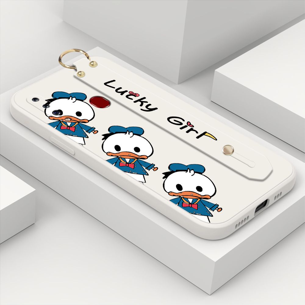 ZeroQiQi for Samsung Galaxy A20S Wrist Strap Case Cute Cartoon Little Duck Phone Case Square Edge Liquid Silicone Case Full Cover Camera Shockproof Protective Cases