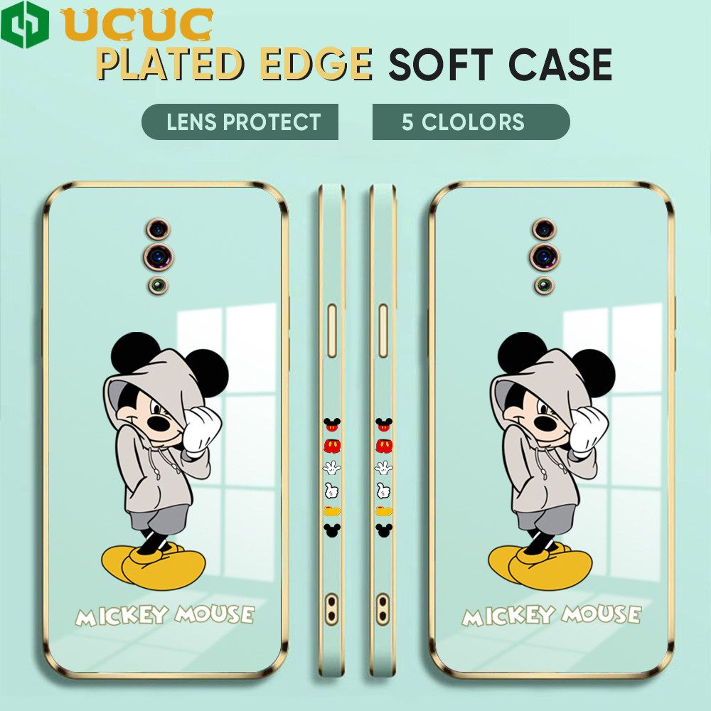 UCUC for OPPO Reno Back Cover + Free Lanyard Hoodie Mouse Luxury 6D Plating Case Side Pattern Soft Silicone Square Phone Cases