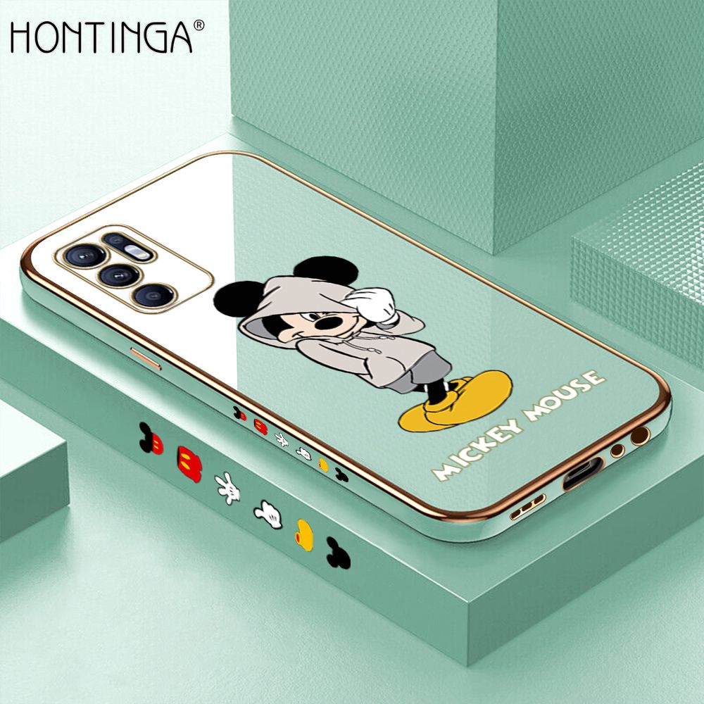 Hontinga for OPPO Reno6 Back Cover + Free Lanyard Luxury 6D Plating Handsome Cartoon Mouse Side Pattern Case Soft Silicone Square Mobile Cover