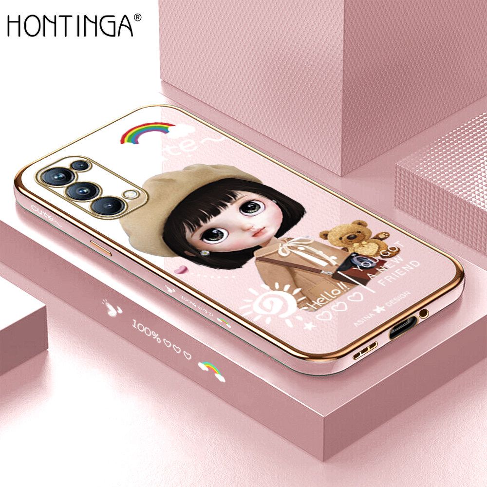 Hontinga for OPPO Reno5 Pro 5G Back Cover + Free Lanyard Luxury 6D Plating Cartoon Satchel Girl Side Pattern Case Soft Silicone Square Mobile Cover