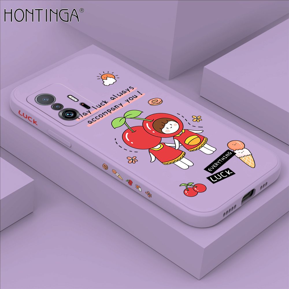 Hontinga for Xiaomi 11T / 11T Pro Case Side Design Cute Cherry Girl Back Cover Soft Square Edge Pattern Liquid Silicone Trend Phone Cases
