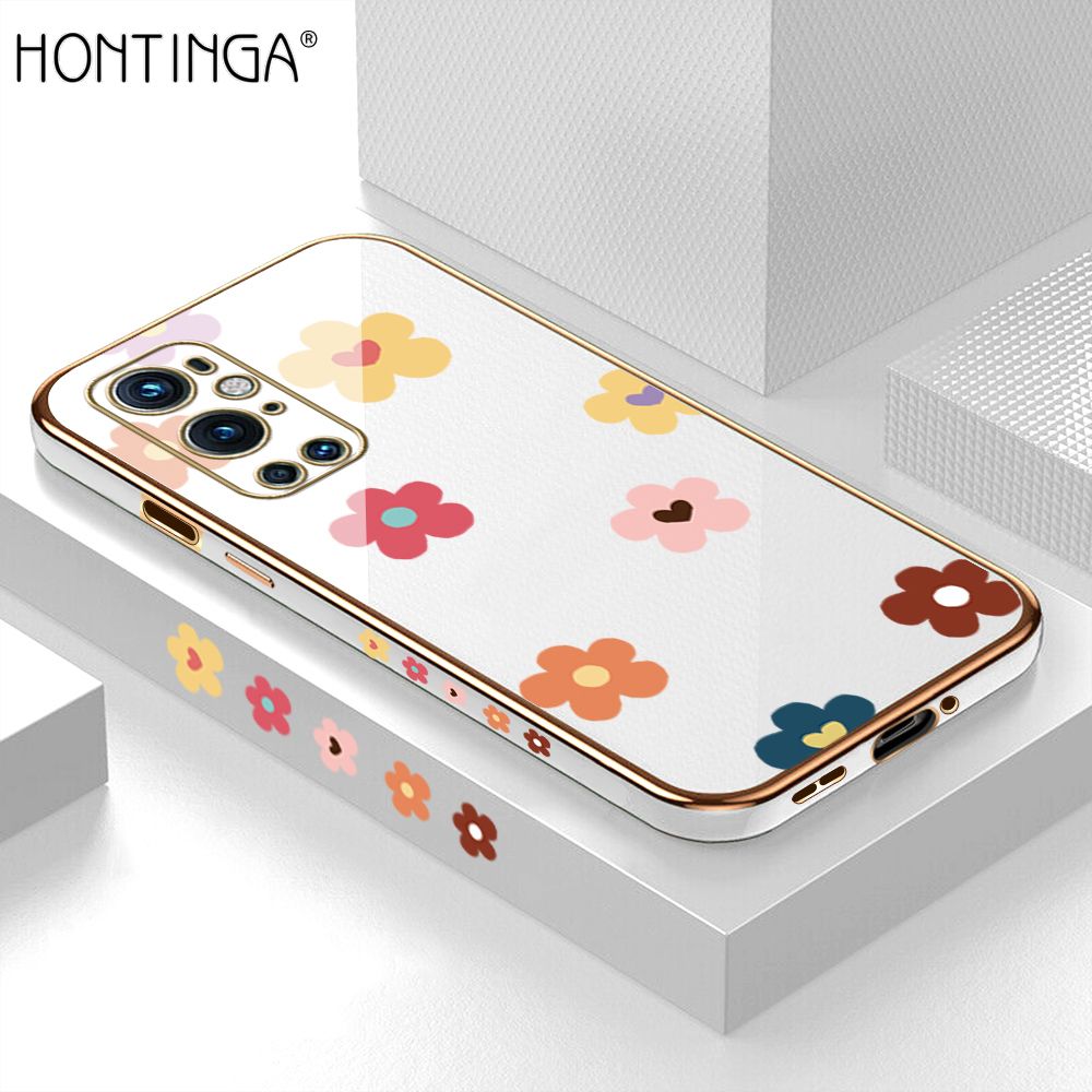 Hontinga for OnePlus 9 Pro Back Cover + Free Lanyard Luxury 6D Plating Falling Flower Side Pattern Case Soft Silicone Square Mobile Cover