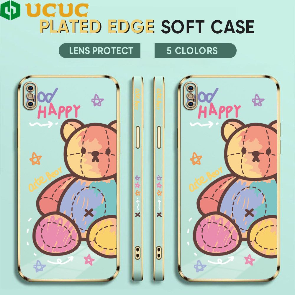 UCUC for iPhone XS MAX Back Cover + Free Lanyard Colorful Muppet Bear Luxury 6D Plating Case Side Pattern Soft Silicone Square Phone Cases