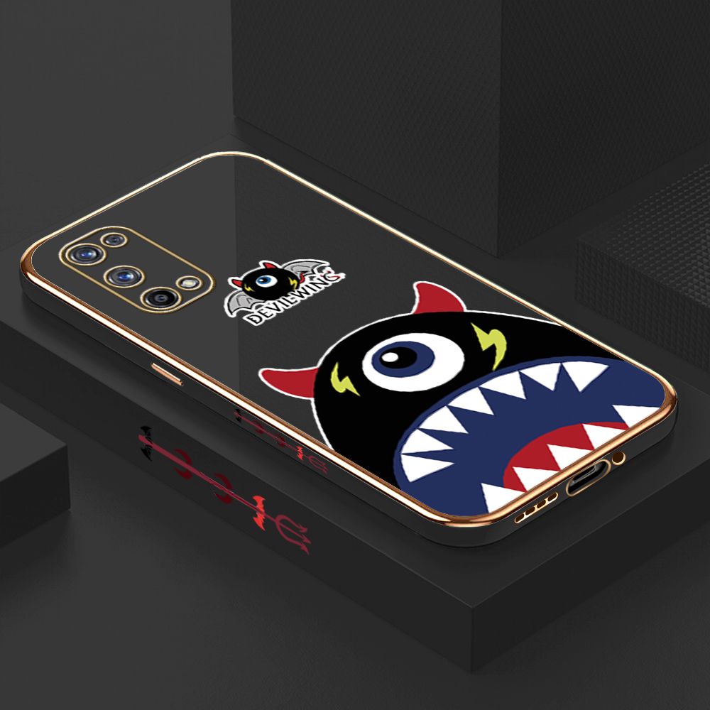 Luxury 6D Plating Case for Realme X7 Pro 5G Cartoon One-eyed Devil Wing Side Pattern Back Cover Soft Silicone Square Frame Shiny Bling Phone Cases + Free Lanyard
