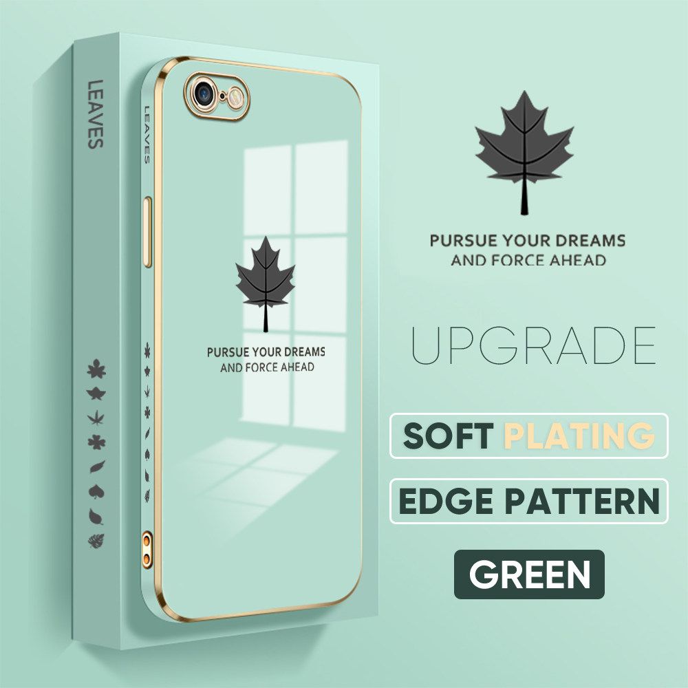 Jizetin (Free Lanyard) iPhone 6S / iPhone 6 Case Luxury 6D Plating Soft Casing Silicone Square Frame Phone Case Shiny Bling Back Cover Maple leaf New design Side Drawing Case