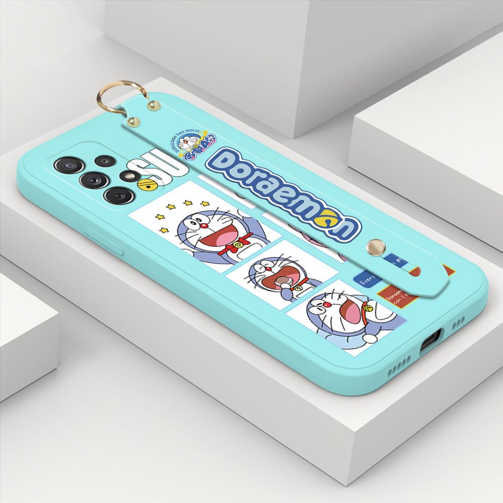 ZeroQiQi for Samsung Galaxy A72 5G Wrist Strap Case Cute Cute Cartoon Blue Cat Daily Life Cover Square Edge Liquid Silicone Creative Phone Protective Cases