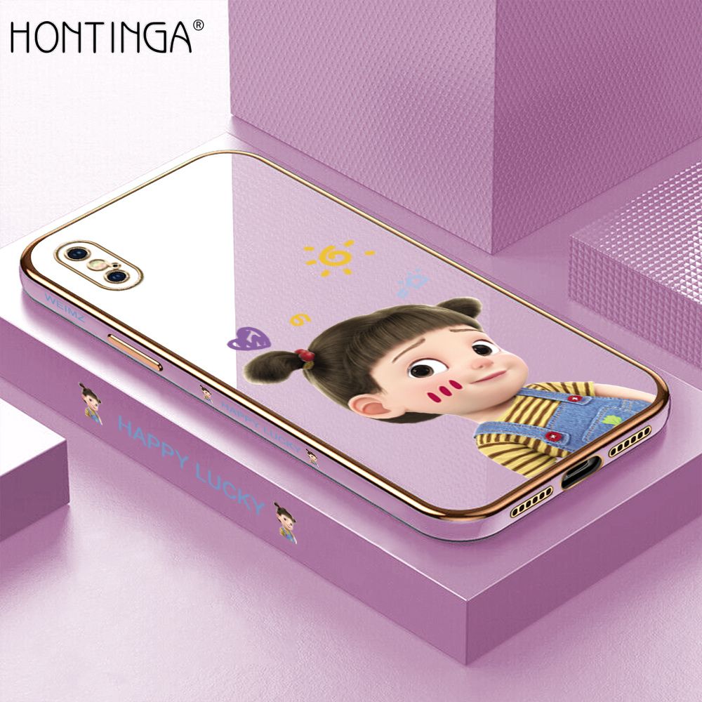 Hontinga for iPhone X / XS Back Cover + Free Lanyard Luxury 6D Plating Cute Cartoon Happy Girl Side Pattern Case Soft Silicone Square Phone Cases