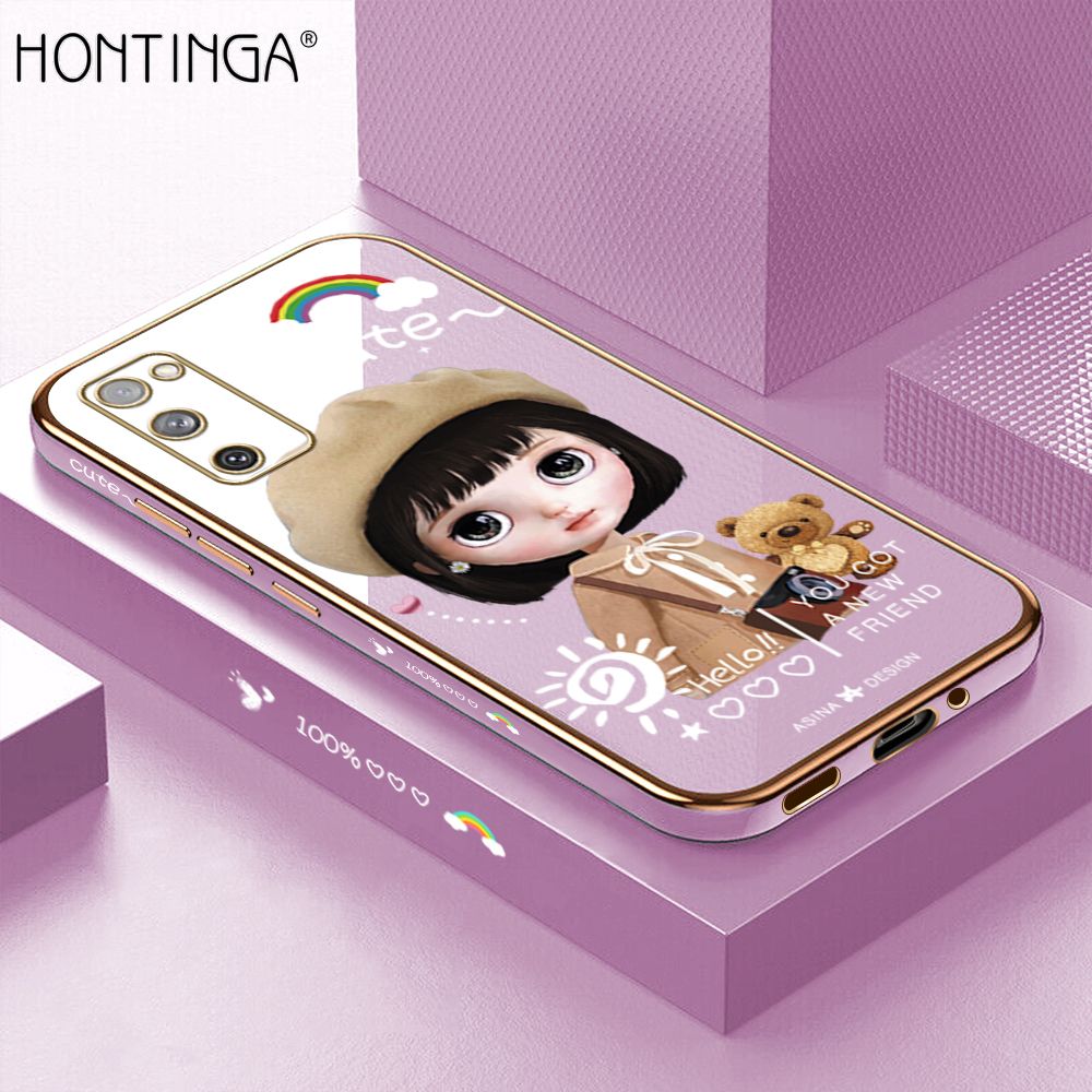 Hontinga for Samsung Galaxy S20 FE 4G / 5G Back Cover + Free Lanyard Luxury 6D Plating Cute Satchel Girl Side Pattern Case Soft Silicone Square Mobile Cover