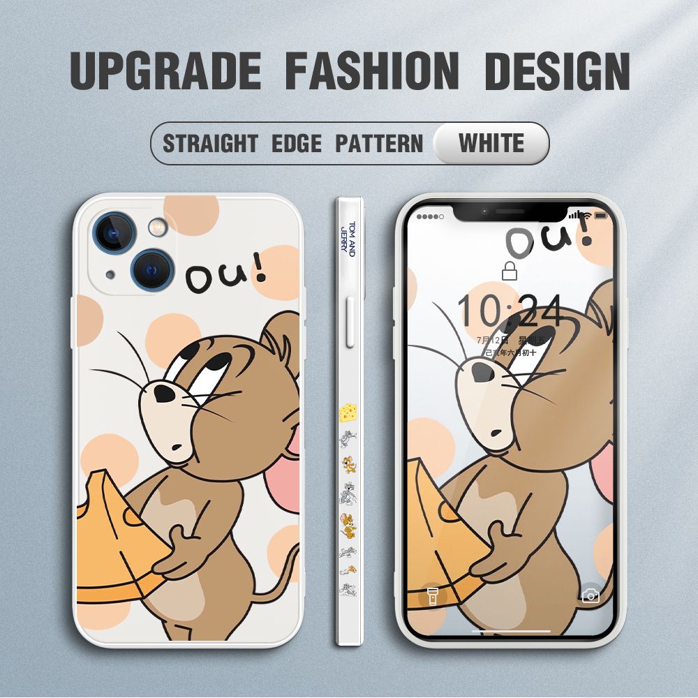 Jizetin for iPhone 13 Case Tom and Jerry Design Side Design Phone Case Square Edge Pattern Liquid Silicone Cases Full Cover Camera Shockproof Protective Case