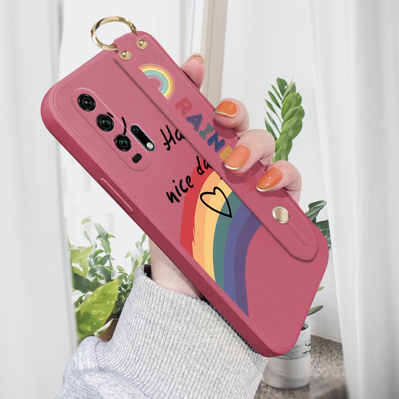 Jizetin for Honor 20 Pro Wrist Strap Case INS Style Smile Rainbow Cover Ultra Thin Anti Fall Liquid Silicone Phone Case