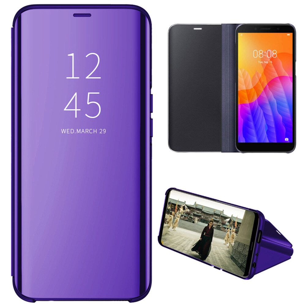 For Huawei Y5P Mirror Plating Hard PC -PU Leather Translucent Standing View Case Cover