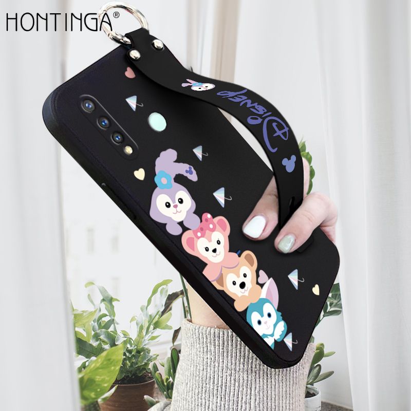 Hontinga for Vivo Y19 Wrist Strap Case INS Cute Style Creative Cartoon Rabbit and Fox Cover Thin Square Edge Liquid Silicone Phone Case