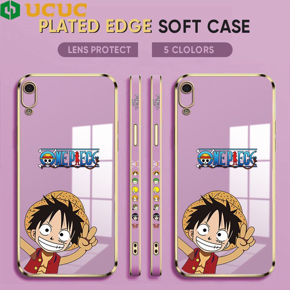 UCUC for Honor Y6 Pro 2019 / 8A Back Cover + Free Lanyard Wave Luffy Luxury 6D Plating Case Side Pattern Soft Silicone Square Phone Cases
