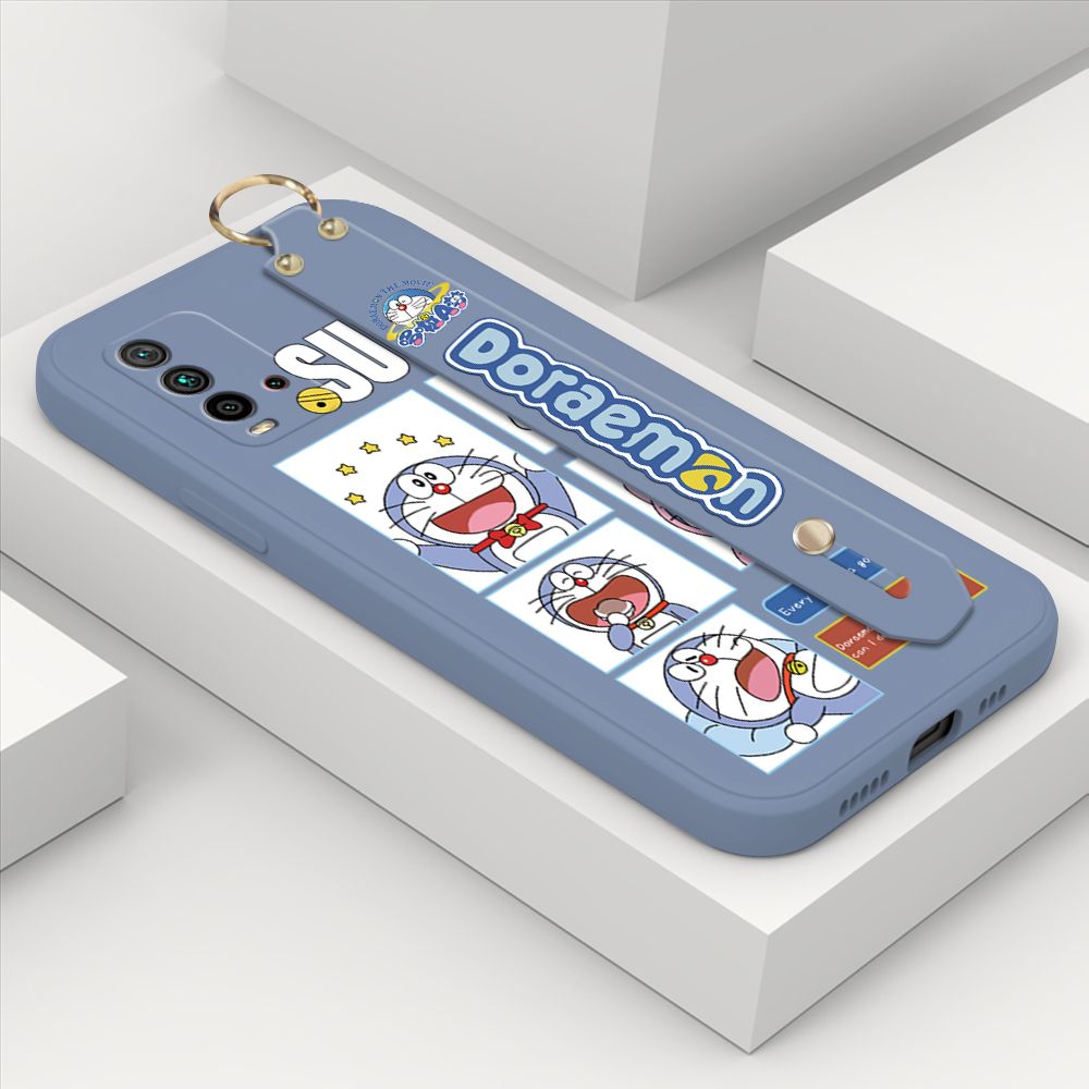 Hontinga for Xiaomi Redmi 9T Wrist Strap Case Cute Cute Cartoon Blue Cat Daily Life Cover Square Edge Liquid Silicone Creative Phone Protective Cases