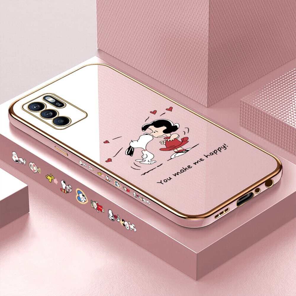 Luxury 6D Plating Case for OPPO Reno6 Z 5G Cartoon Happy Puppy Side Pattern Back Cover Soft Silicone Square Phone Cases + Free Lanyard