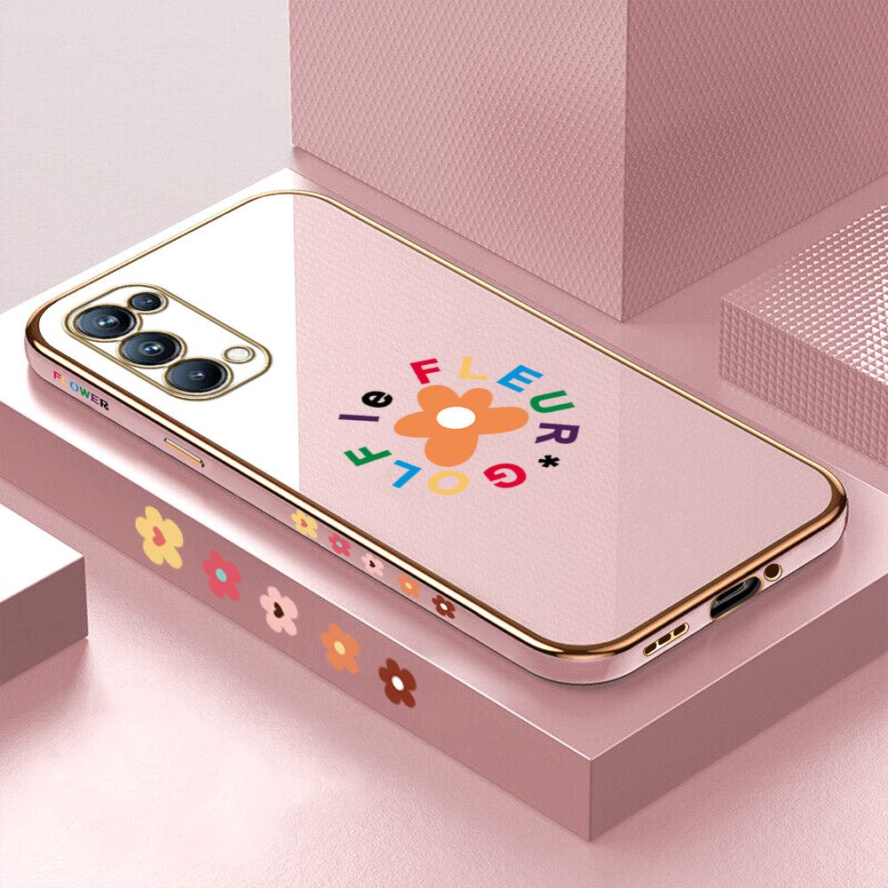 Luxury 6D Plating Case for OPPO Reno5 Pro 5G Cartoon Flower Side Pattern Back Cover Soft Silicone Square Frame Shiny Bling Phone Cases + Free Lanyard