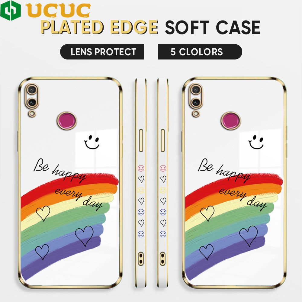 UCUC for Honor Y9 2019 Back Cover + Free Lanyard Rainbow Doodle Luxury 6D Plating Case Side Pattern Soft Silicone Square Phone Cases